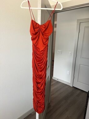 Ruched Satin Slip Dress - Red